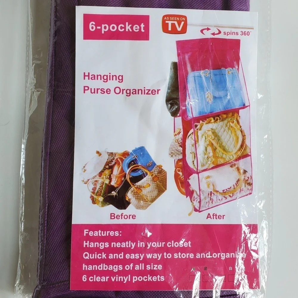 As Seen On TV 6-Pocket Hanging Purse Organizer Purple Closet Storage Swivel Hook